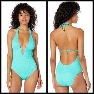 💕TRINA TURK💕 Cabana Plunge One Piece Swimsuit ~ Lagoon Blue 10 NWT